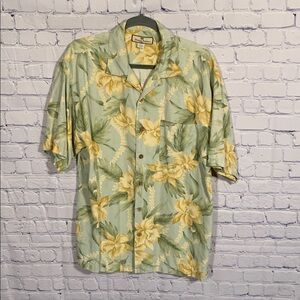 Tommy Bahama Men Silk Hawaiian Button Down Green Yellow Size L Tropical Vacation